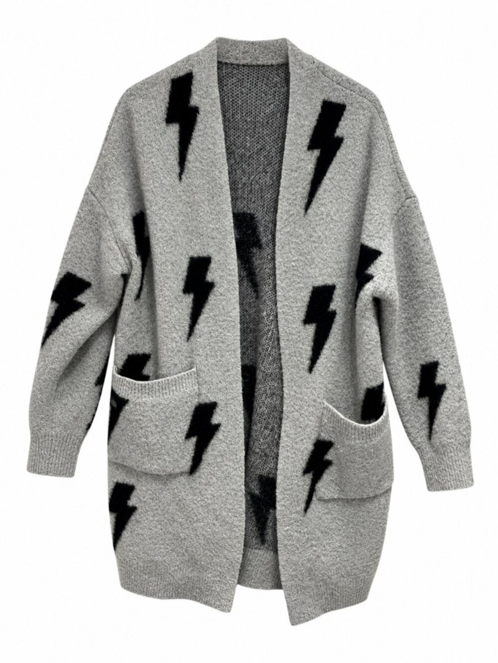 STORIA grey & black lightening bolt mid-length open cardigan sweater - size s